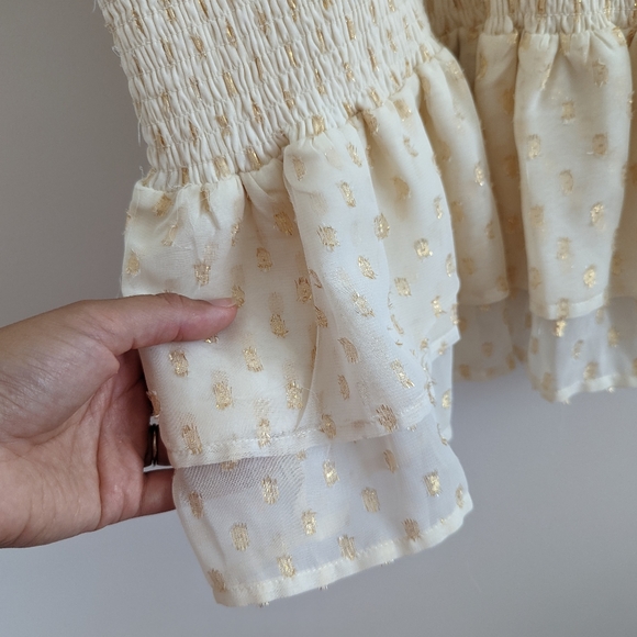 LULU'S All The Cheers Cream and Gold Dotted Smocked Mini Dress Size Large - Picture 12 of 13
